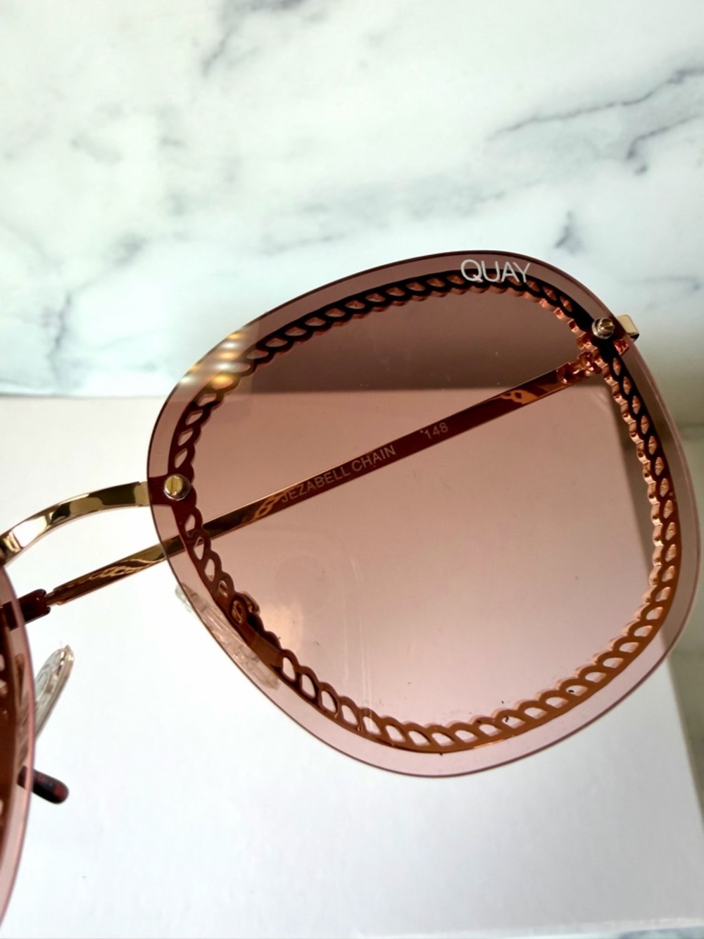 Quay Australia Jezabell Chain Sunglasses Gold Brown Rimless Round Women - Picture 7 of 9